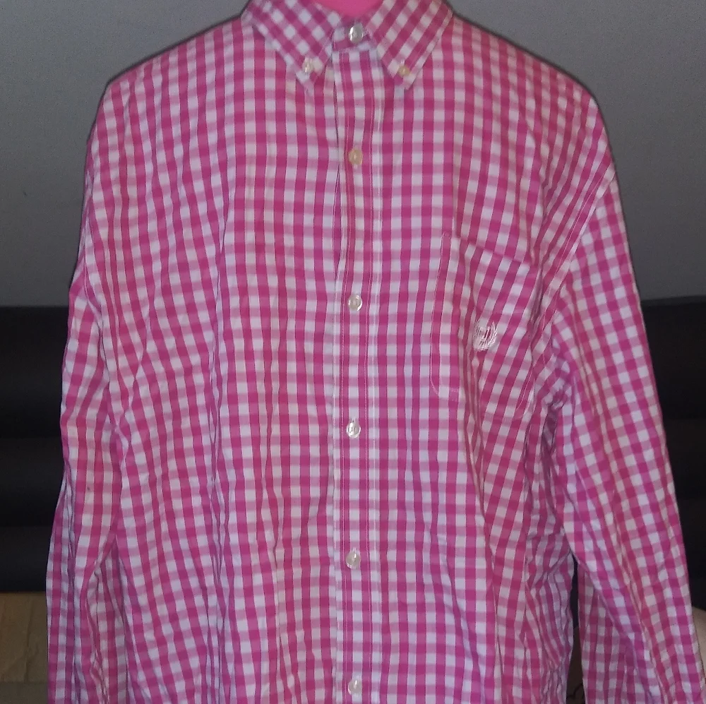 CHAPS Pink & White Buttons Gingham Long Sleeves Shirt XL Easy Care - Picture 2 of 11